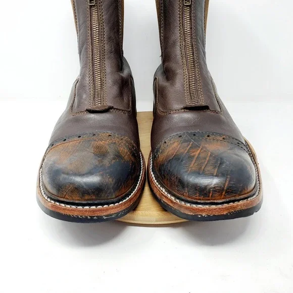 PSKaufman Chelsea Boots Mens 13‎ Brown Leather Front Zip Brogue Cap Toe Shoes